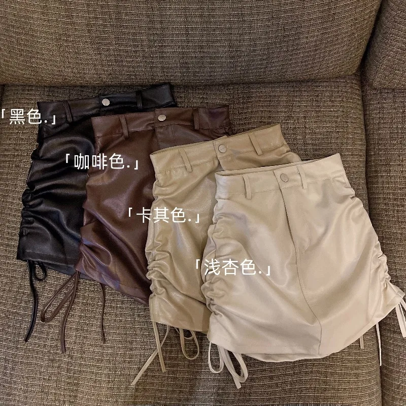 autumn teen girls Drawstring PU Leather short skirt kid baby Elastic High Waist Pleated Wrapped Hip Short Lace Up Skirts clothes