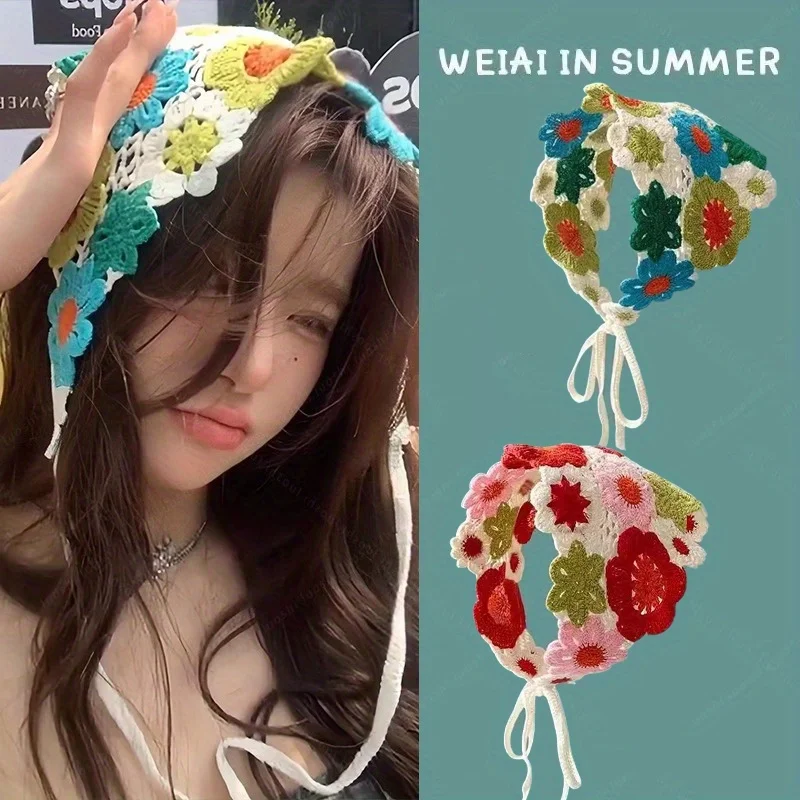 

1Pc Knitted Floral Women's Hair Band Colorful Crocheted Hair Accessory with Fringe Tail,Perfect for,Vacation,Casual Wear