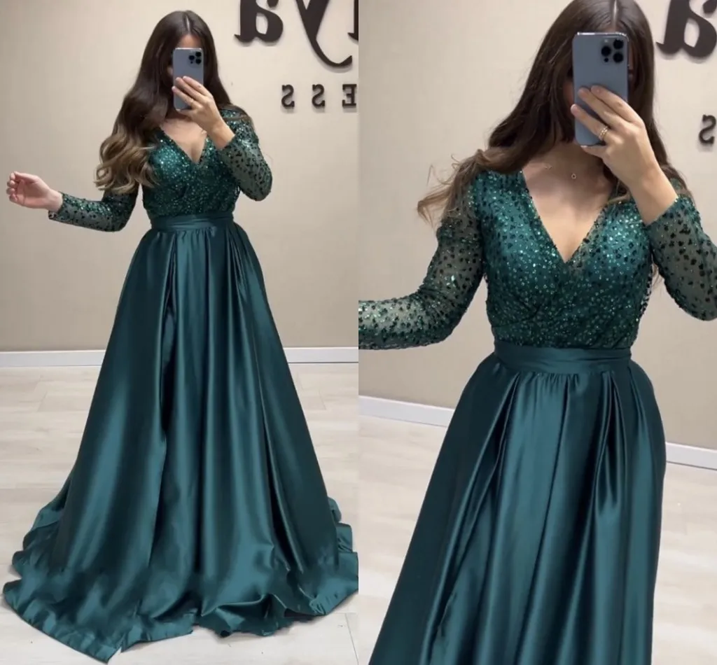 Funkelnde dunkelgrüne Frauen Abendkleider V-Ausschnitt lange Ärmel Pailletten Satin Prom Promi Kleider arabische Vestidos de Longo