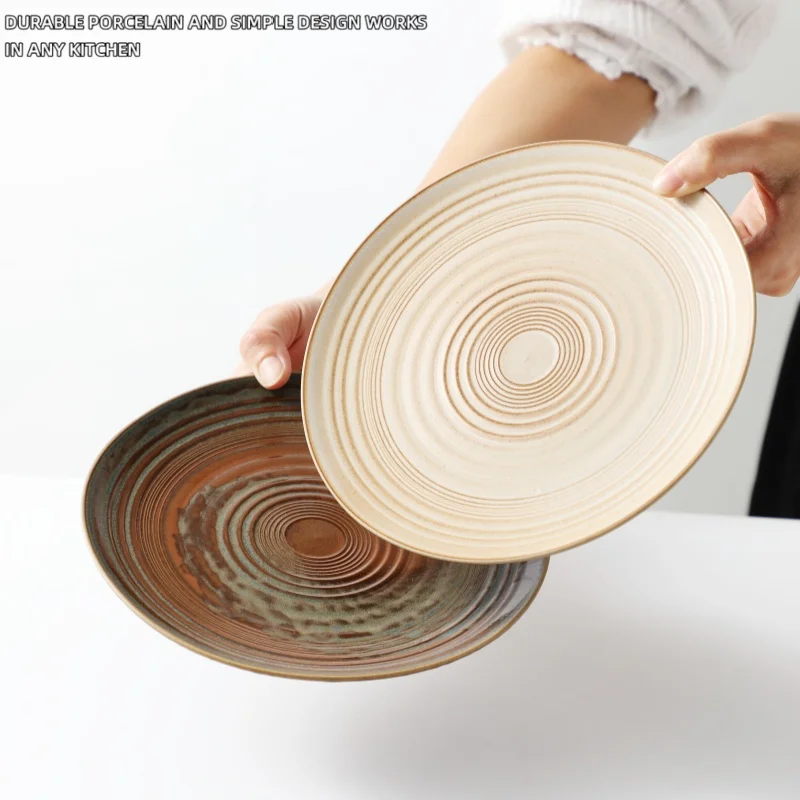 Ceramic Plate Art Creative Round Japanese Style Tableware Vintage Solid Color Carving Craft Dishes Household Kitchenware