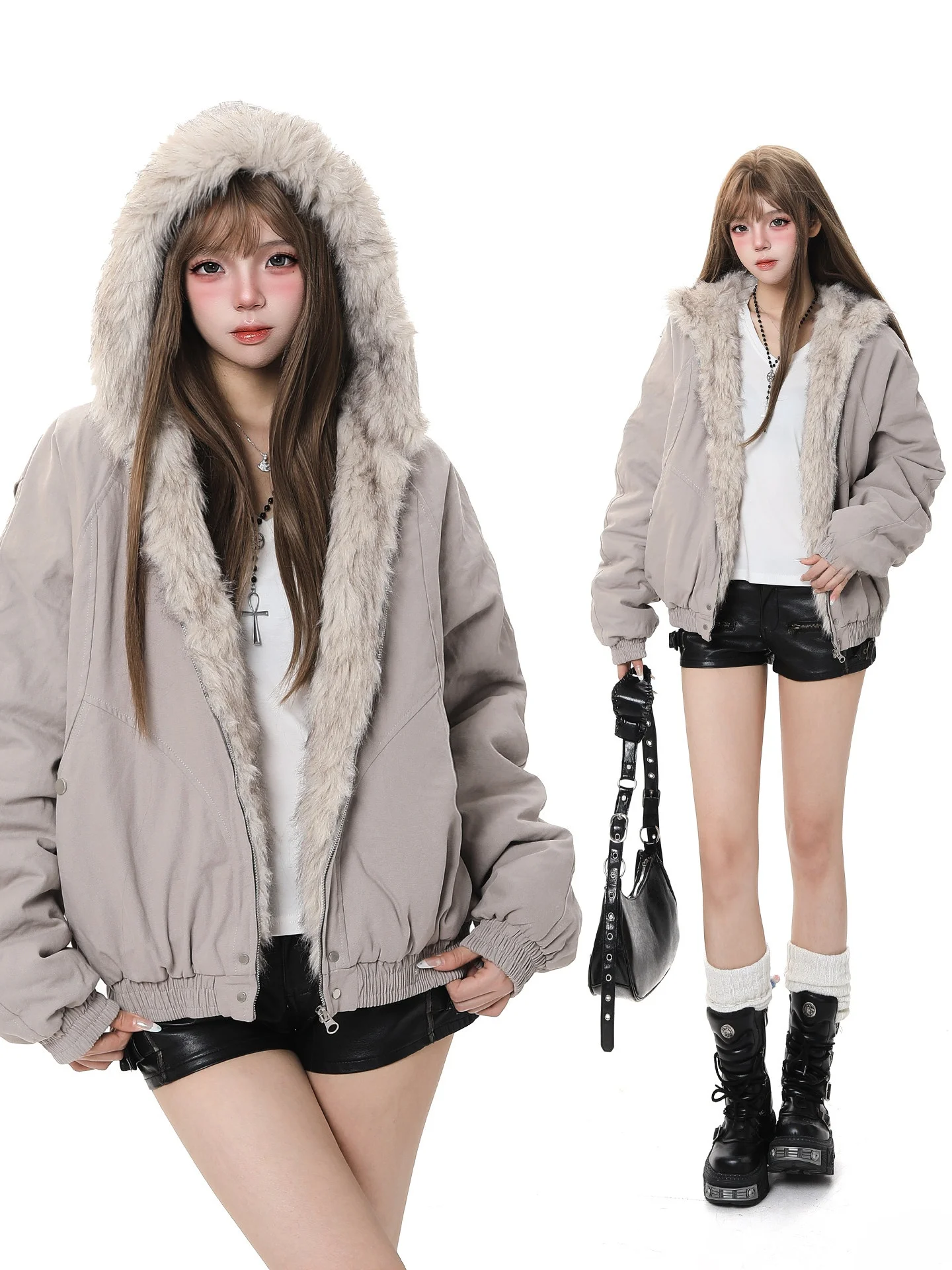 

Retro American Hooded down Jaet Women's Winter New Loose Warm Design Sense Cotton Coat Outerwear Long Sve Zipper Closure
