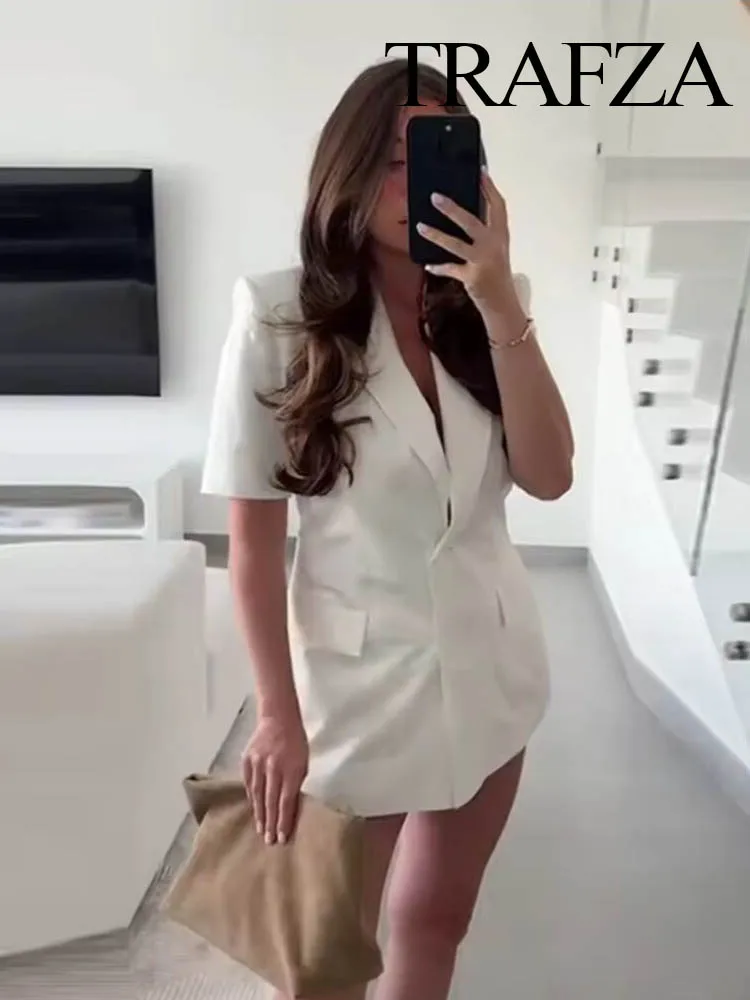 

TRAFZA Women 2-Piece Set Lapel Single-breasted Short Sleeve Solid Suit Jacket+High Waist Zipper Simple Pockets Summer Shorts