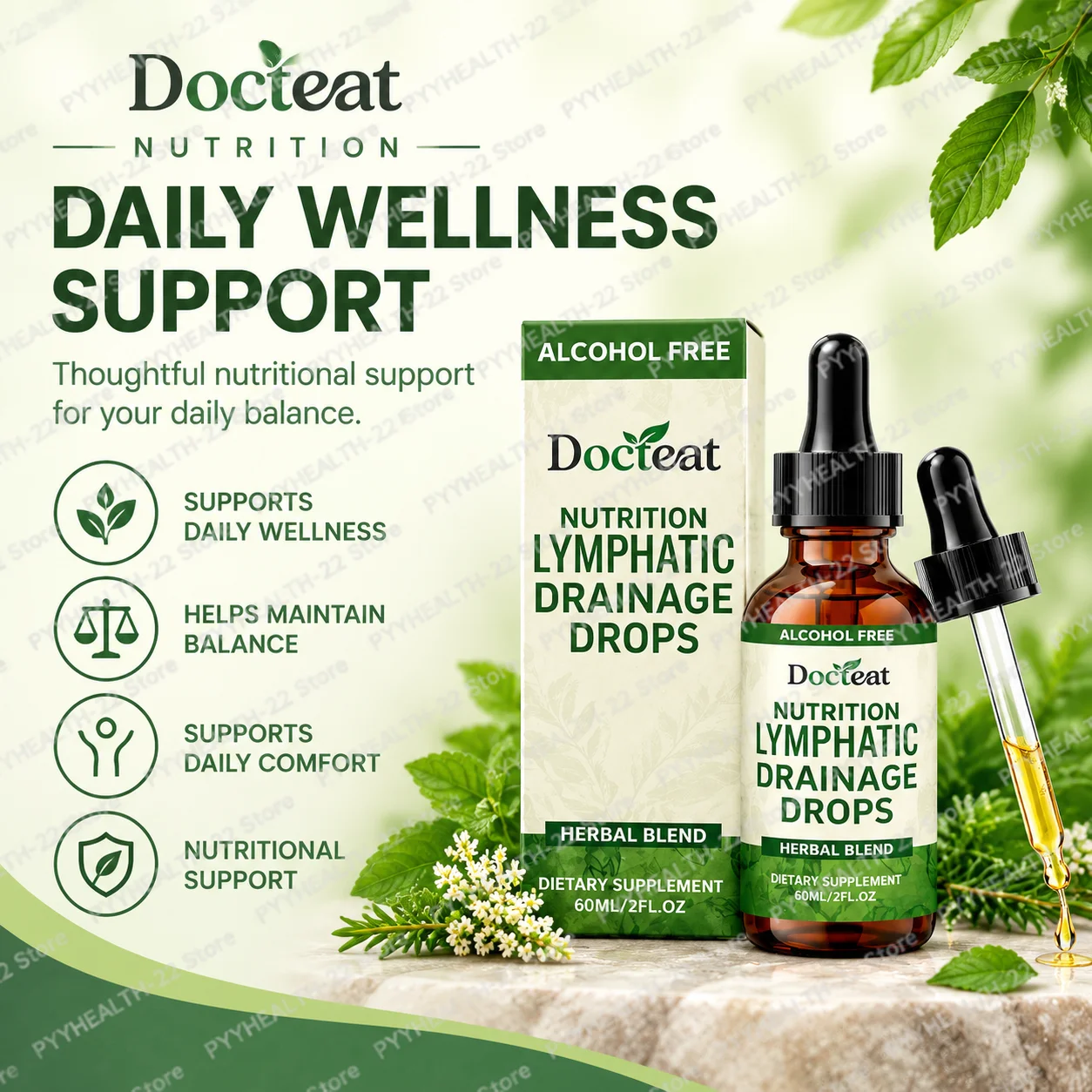 Lymphatic Drainage Drops, Alcohol-Free Herbal Blend,  Lymphatic Balance & Metabolic, with Vitamin B12 Zinc & Green Tea Extract