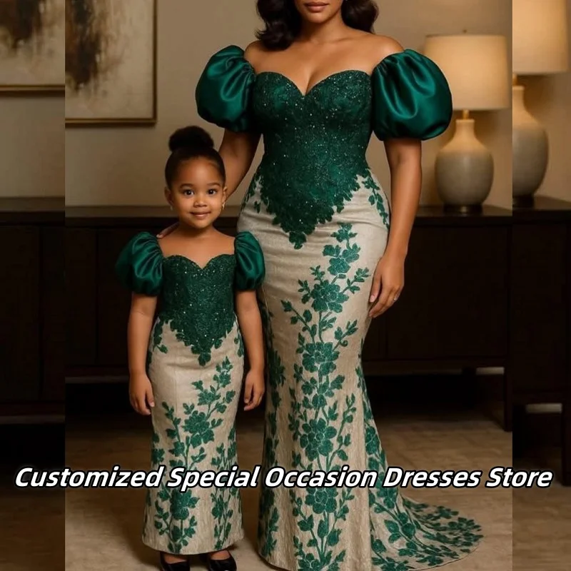 

Luxury Green Beaded Applique Off The Shoulder Evening Dress For Women Sparkle Beaded Parent Child Gowns Mom Outfits Customized