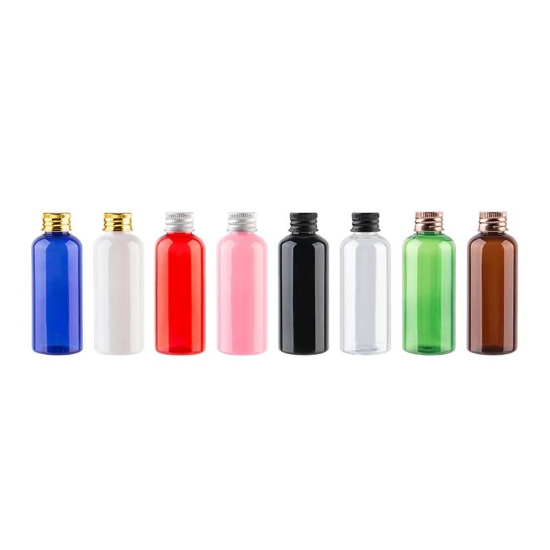 

50ml x 50 Aluminum Screw Cap Bottles For Lotion Toner Shampoo Small Size Plastic Containers With Gold Silver Bronze Black Caps