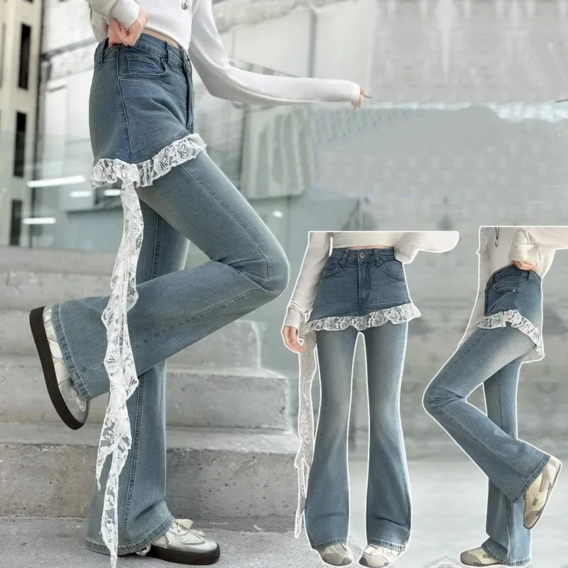 Teen Girls Fashion Bootcut Denim Pants with Lace Fart Curtain Children New Spring Flared Jeans for Kids Casual Jeans Trousers