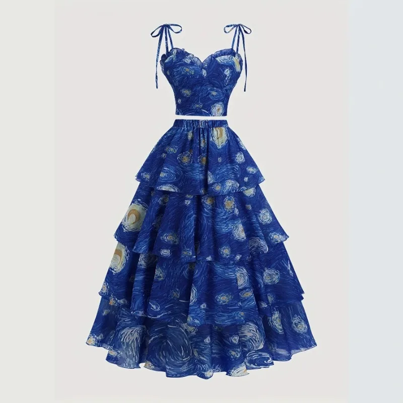 2026 New Streetwear Women Starry Sky Print 2 Piece Set Tie Spaghetti Strap Bustier Crop Top Tiered Ruffle Maxi Skirt Fairy Sets