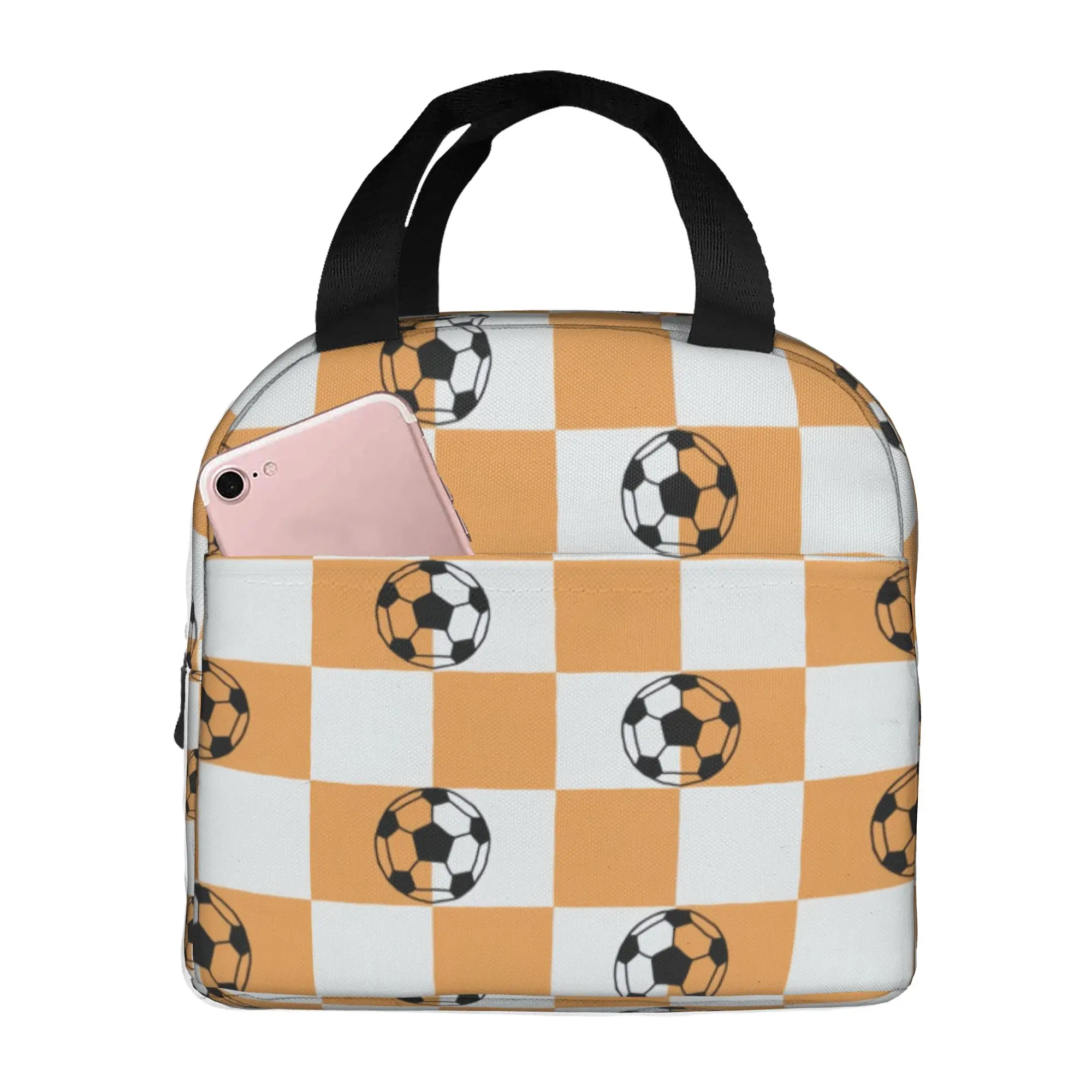 Bright Orange Checks Soccer Balls  Insulated Lunch Bag for Women Portable Footbally  Thermal Cooler Bento Box School