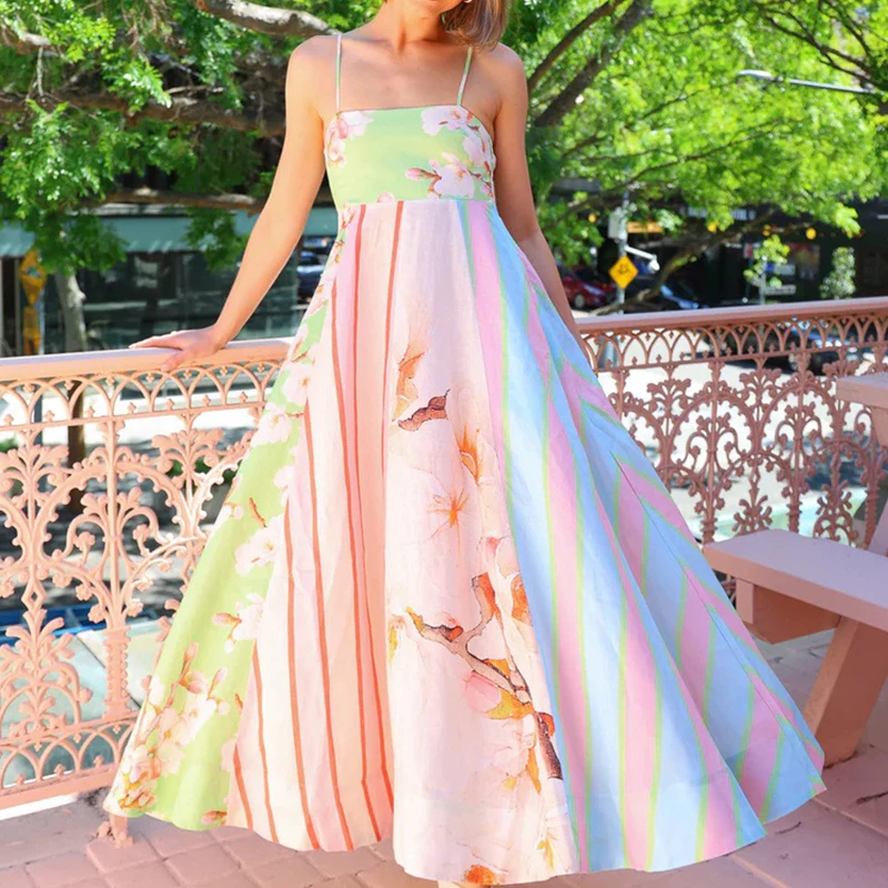 Sexy fora do ombro sem mangas suspensórios vestido elegante graffiti impressão solta bohe vestido feminino moda cintura alta plissado vestido longo