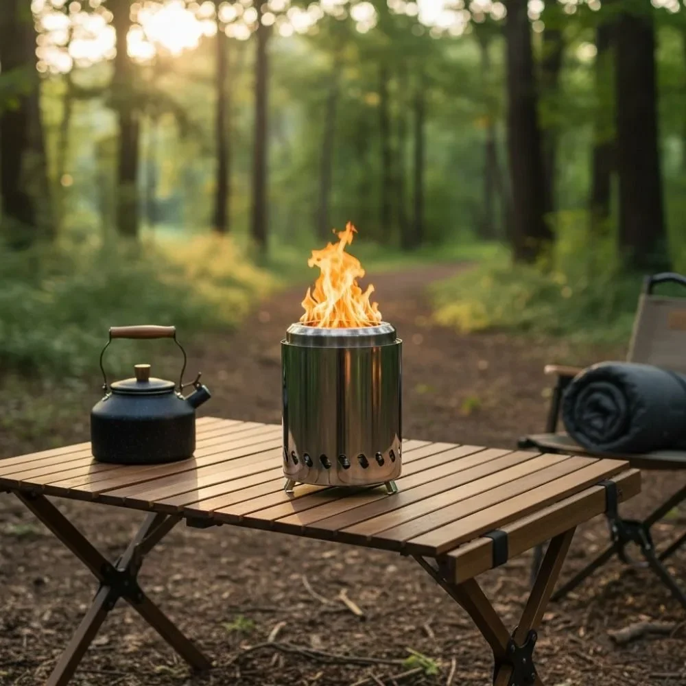 Stainless Steel Smokeless Stove Detachable Anti-corrosive Camping Firewood Stove Cylindrical Mini Teapot Furance Outdoor