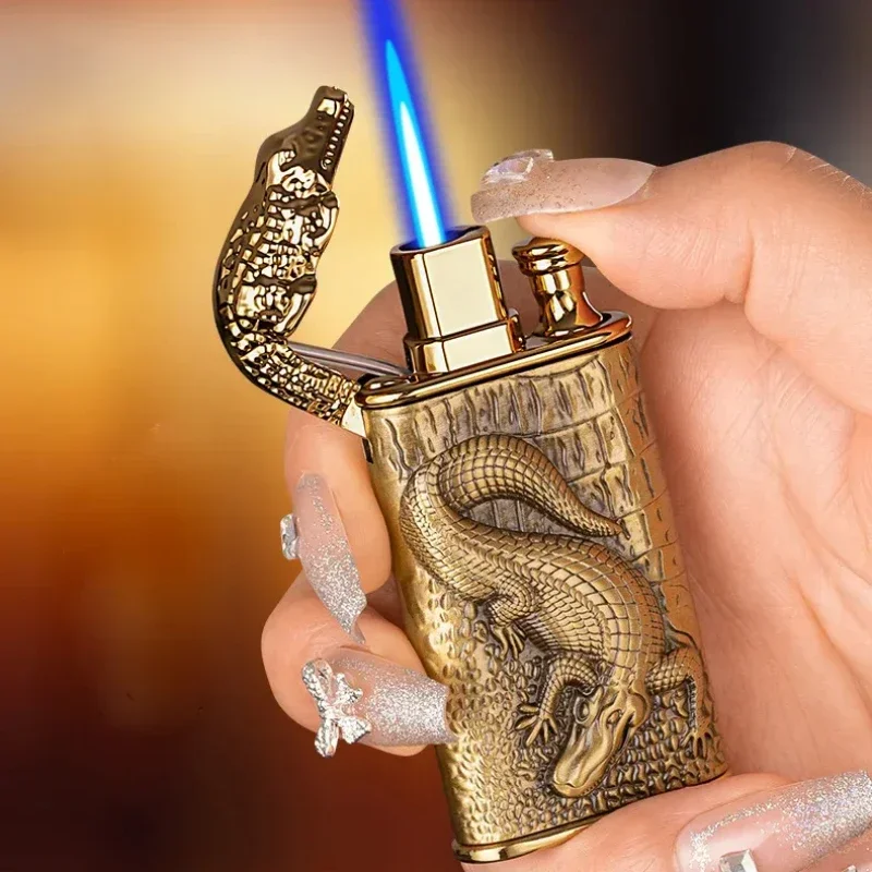 Creative 3D Embossed Crocodile Double Fire Lighter Metal Windproof Jet Fire Open Flame Convertible Gas Lighter Gift