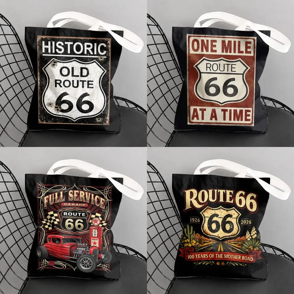 Classic Route 66 Retro Storage Bags Large Capacity Canvas Tote Bag Double-Sided Print Shoulder Handbag for Daily Shopping