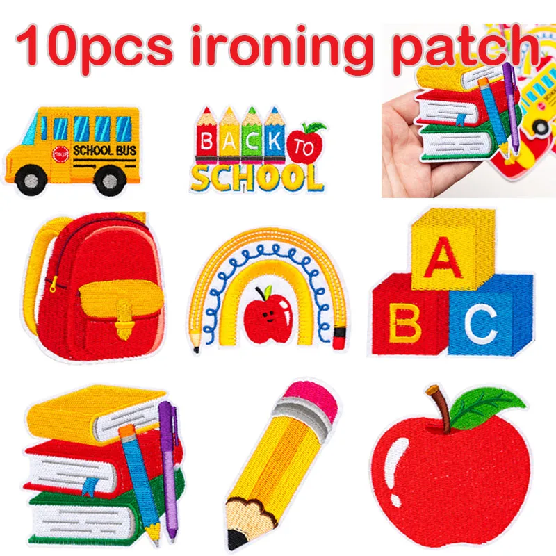 10pcs Pencils Schoolbags Books Ironing Patches “Back To School” Stickers Children's Clothing Shoes Hats Accessories Badges DIY