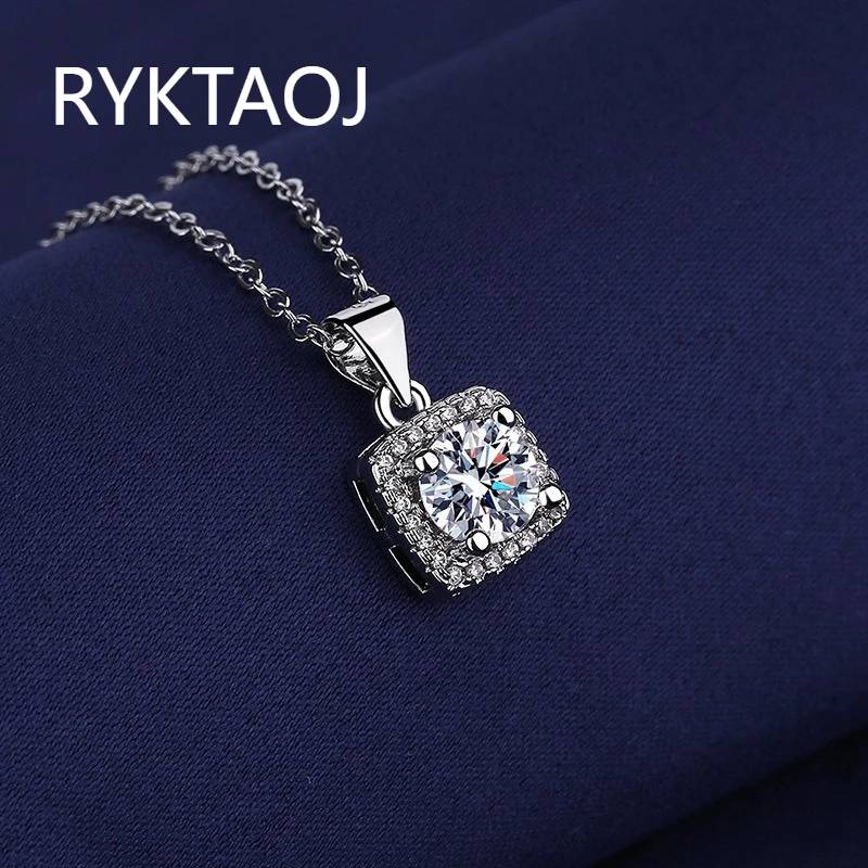 925 Sterling Silver Square Halo Moissanite Pendant Necklace for Women Round‑Cut Diamond Adjustable Chain Wedding Fine Jewelry