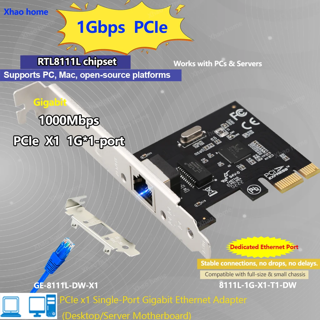 

1000M For Realtek RTL8111L PCIe Gigabit Ethernet Card Plug & Play RJ45 Network Adapter for Hackintosh/Desktop PC/Server WOL
