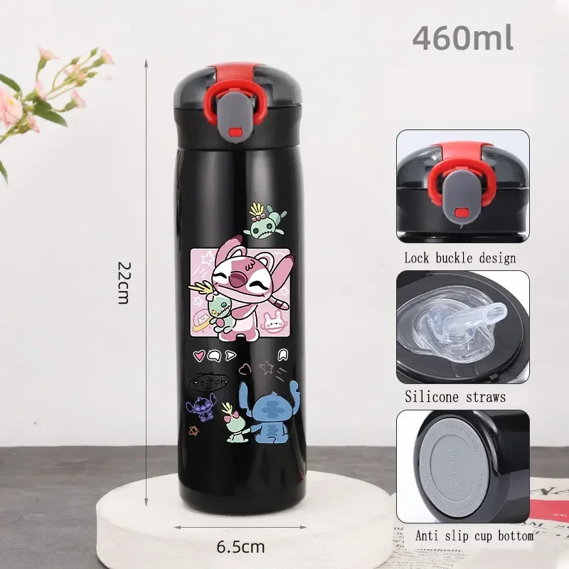 Children's Water Cup Lilo & Stitch Straw Thermal Cup 460ml Cute Stitch Bouncing Spots Portable Stainless Steel Bottle Kids Gifts