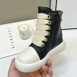 Luxury Brand Design Children Leather Boots Boys High Top Casual Sneakers Fashion Kids Girls Platform Ankle Boots Lace Up Shoes