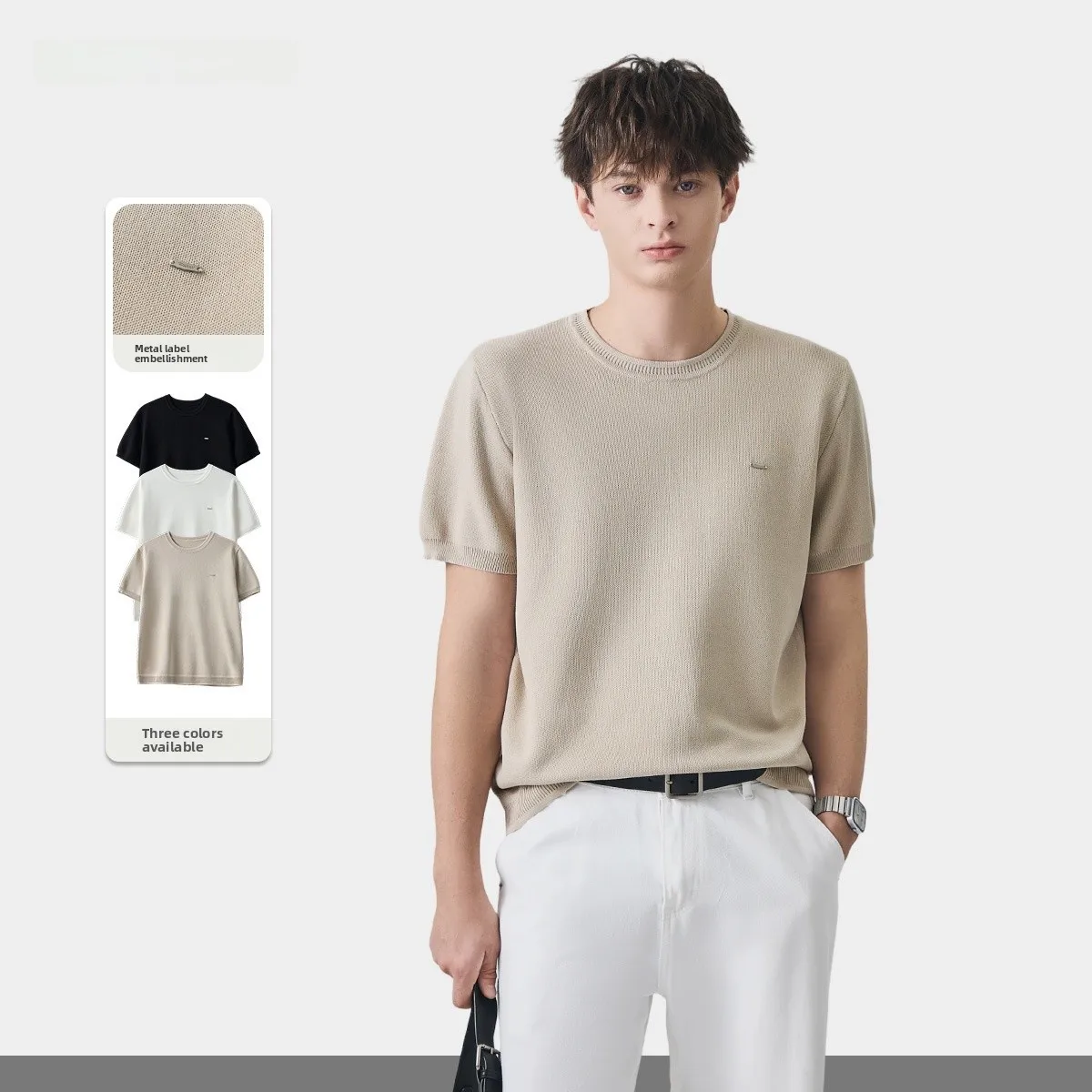 

Мужская трикотажная рубашка с коротким рукавом и круглым вырезом, деловой повседневный стиль, весенняя мода, эластичная ткань из смесового волокна, комфортная посадка, топ