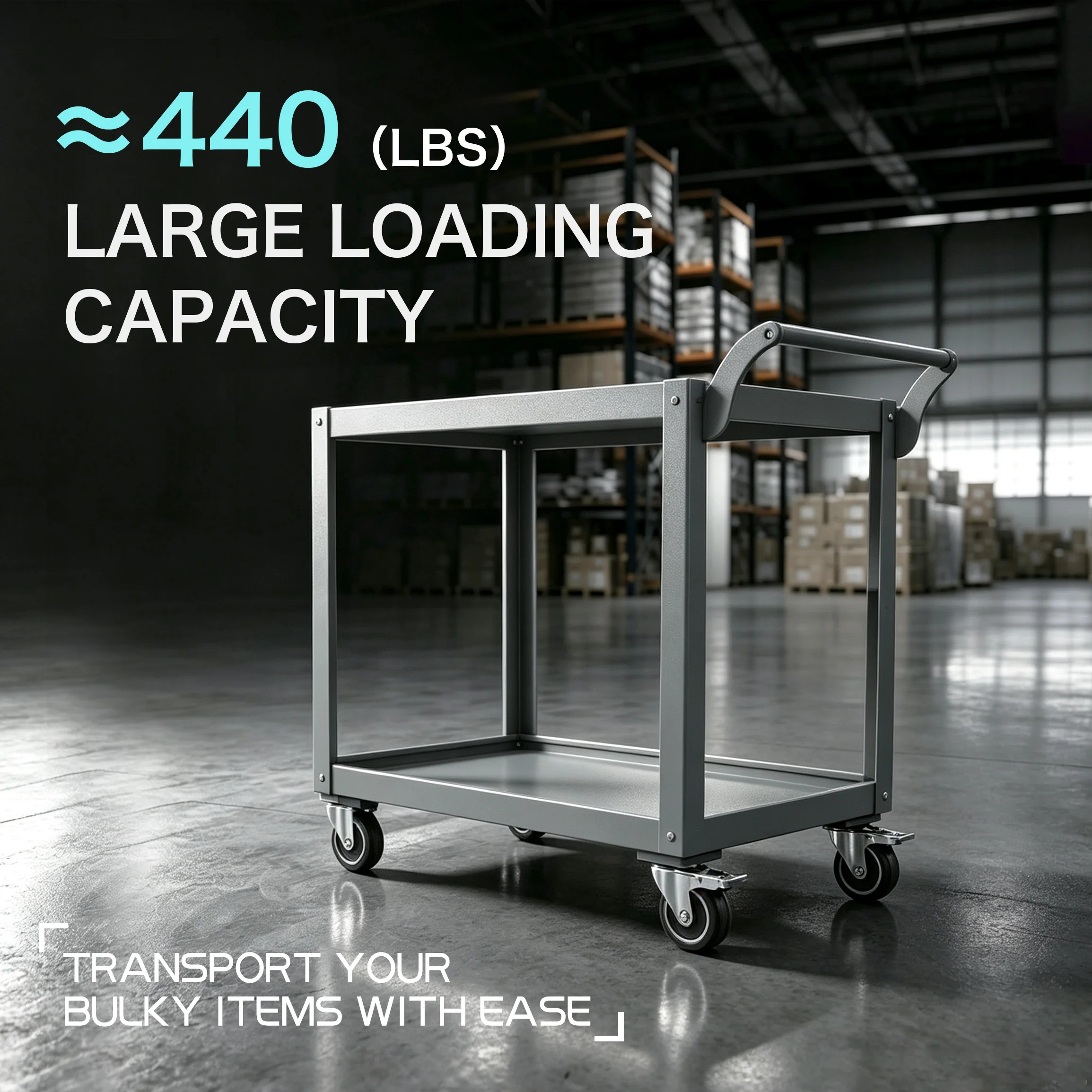 Multi functional vehicle, capacity 440 pounds, 2-story service vehicle with 360 ° rotating and fixed wheels (2 with brakes), garage warehouse tool storage