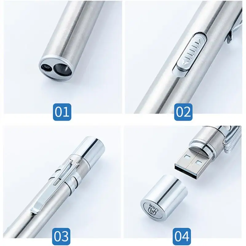 YOUZI Portable Dual Light Source LED Stainless Steel Nursing Penlight Flashlight for Students Doctors