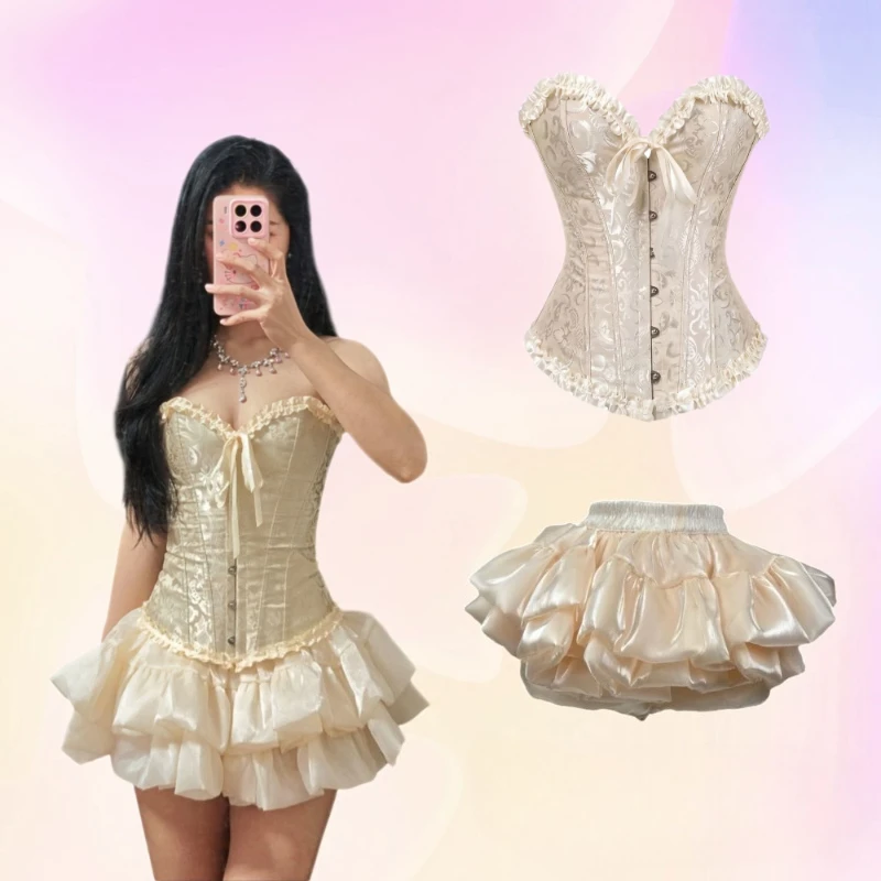 

France Elegant Vintage 2 Piece Set Women Sweet Spice Sexy Slim Vest Tops + High Waist Cake Mini Skirt Y2k Fashion Party Clothing