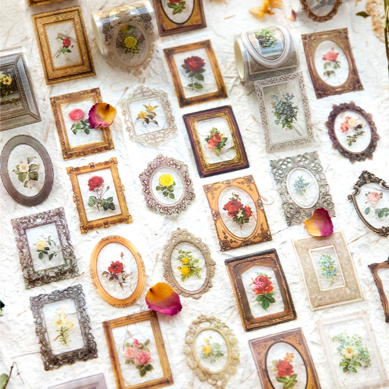 1 roll Tape PET tape flower vintage frame hand account collage decorative stickers stickers tape 6 kinds 50mm*2m