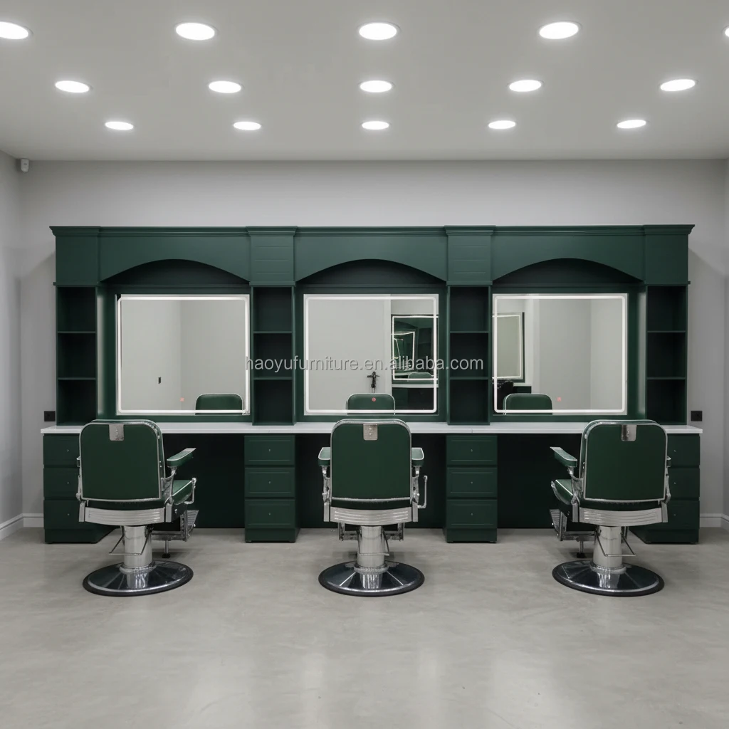 Vintage Style Wood Barber Station Triple Seats Led Mirror Stations With Light For Barbershop Hair Studio
