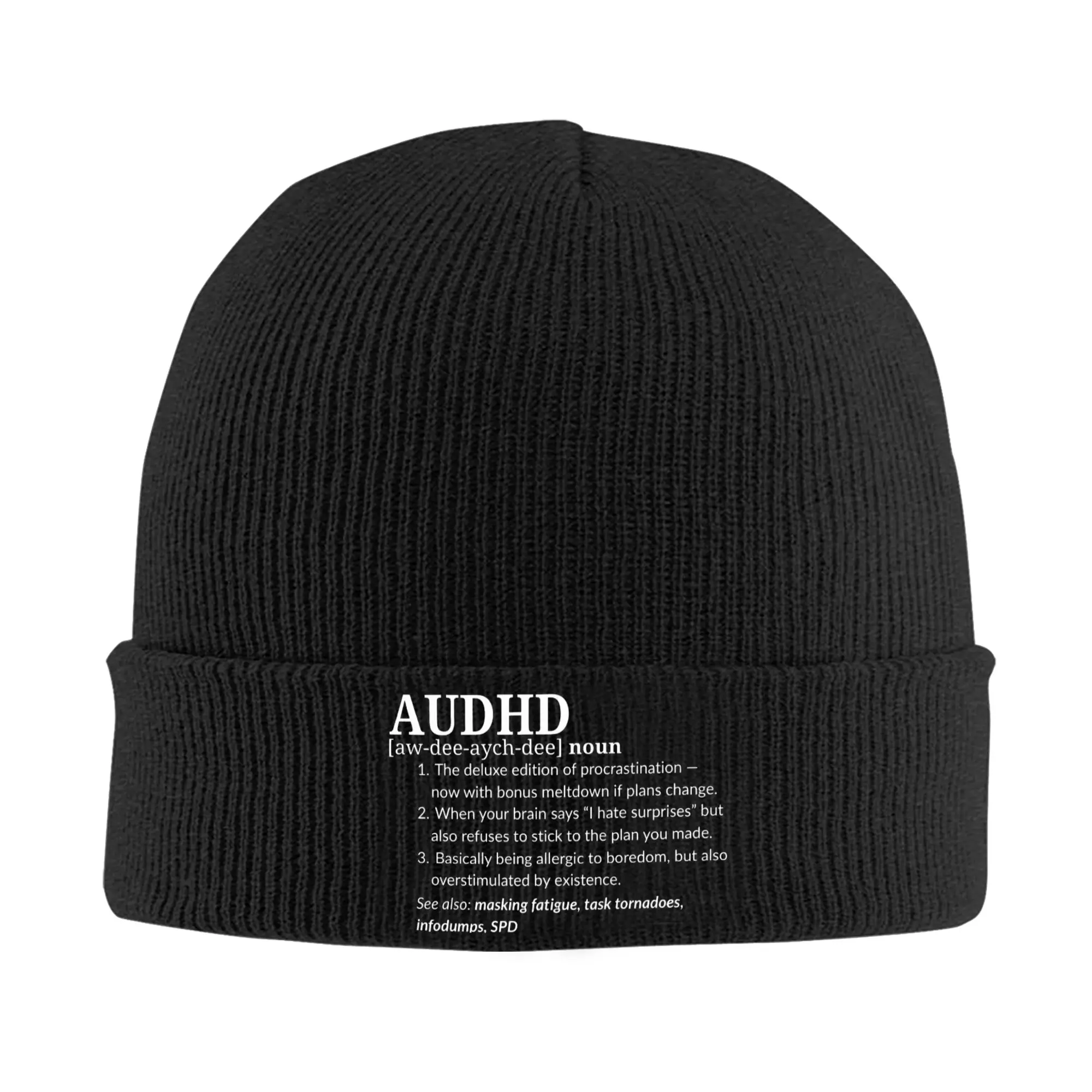 Funny AuDHD Relatable Mental Health Knitted Hat Autumn Winter Beanie New  Caps Female Male Acrylic Hip Hop Bonnet