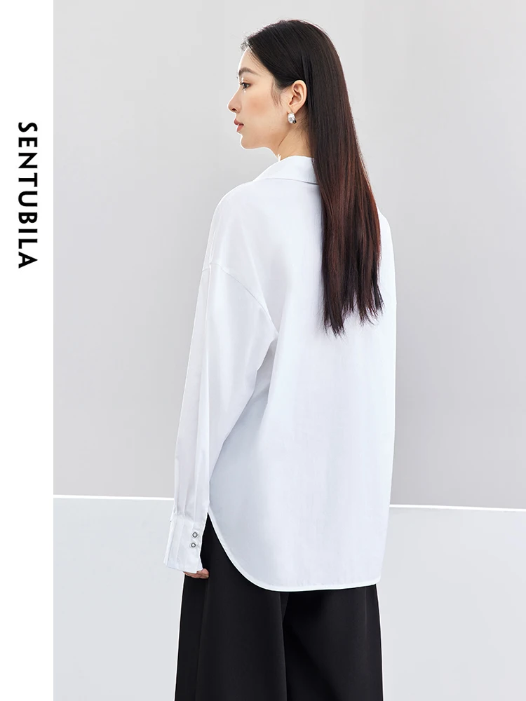 SENTUBILA Spring Polo Collar White Shirts & Blouses Office Lady 2024 Simple Loose Cotton Pullover Long Sleeve Tops 141C52943