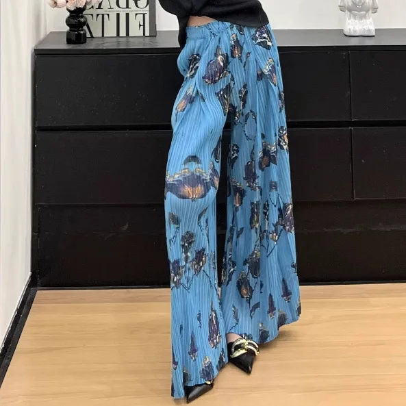 แฟชั่นสบายๆอเนกประสงค์กางเกงขากว้างMiyakeพิมพ์จีบเอวสูงผู้หญิงเก้านาทีกางเกง 2025 ฤดูร้อนใหม่