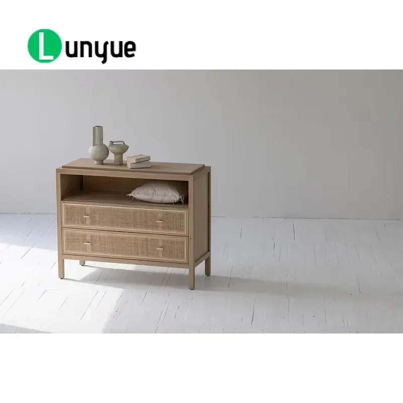 Japandi Vintage Solid Wood Locker Antique Oak Teak Drawer Cabinet Rattan Sideboard for Living Room Storage