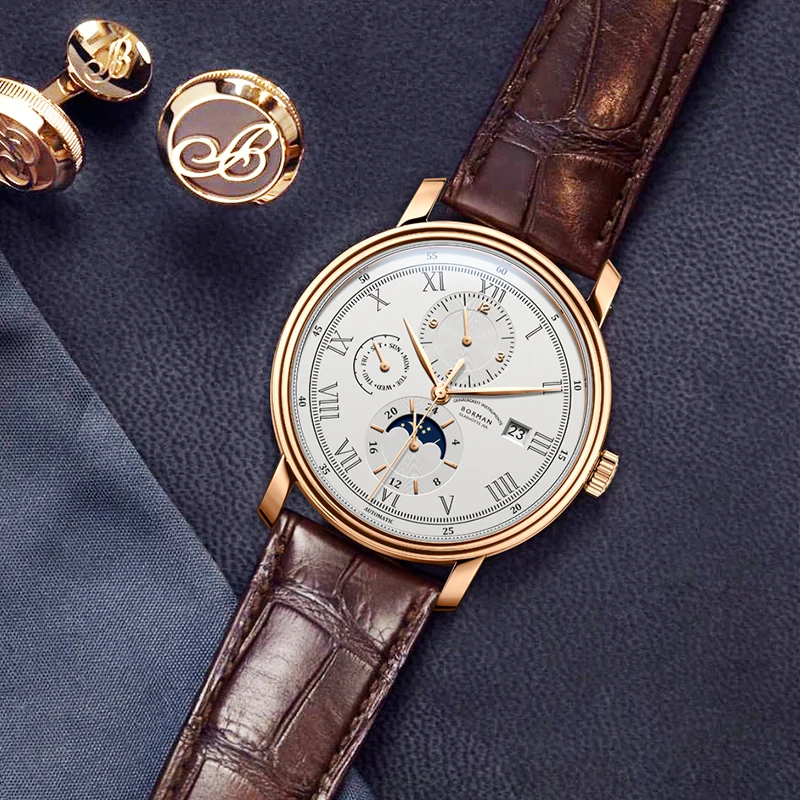 BORMAN Leather Moon Phase Leather Luxury Automatic Men Wristwatch Leather Strap 50m Water Resistant Mechanical Watches