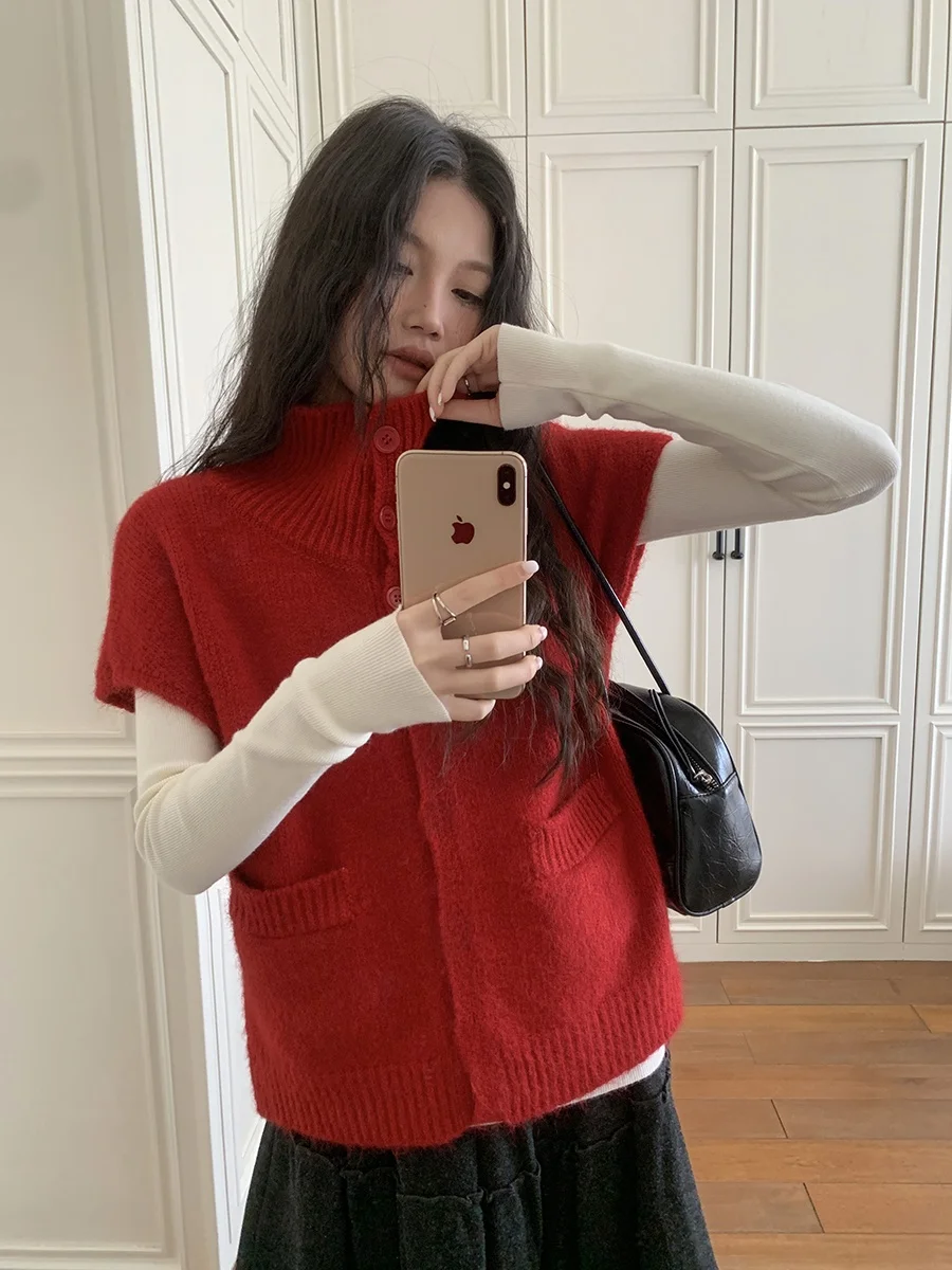 

Red Layered Sleeveless High Collar Women's Vest Top Linyunyun Korean Style Soft Knitted Casual Loose Fit Warm Daily Wear