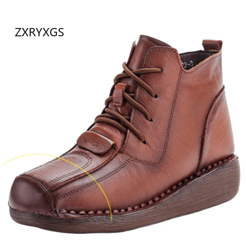 

ZXRYXGS Классические зимние ботинки из воловьей кожи в стиле ретро с бархатом, зимние ботинки, новинка 2025, модные теплые женские зимние ботинки, хлопковые ботинки на танкетке