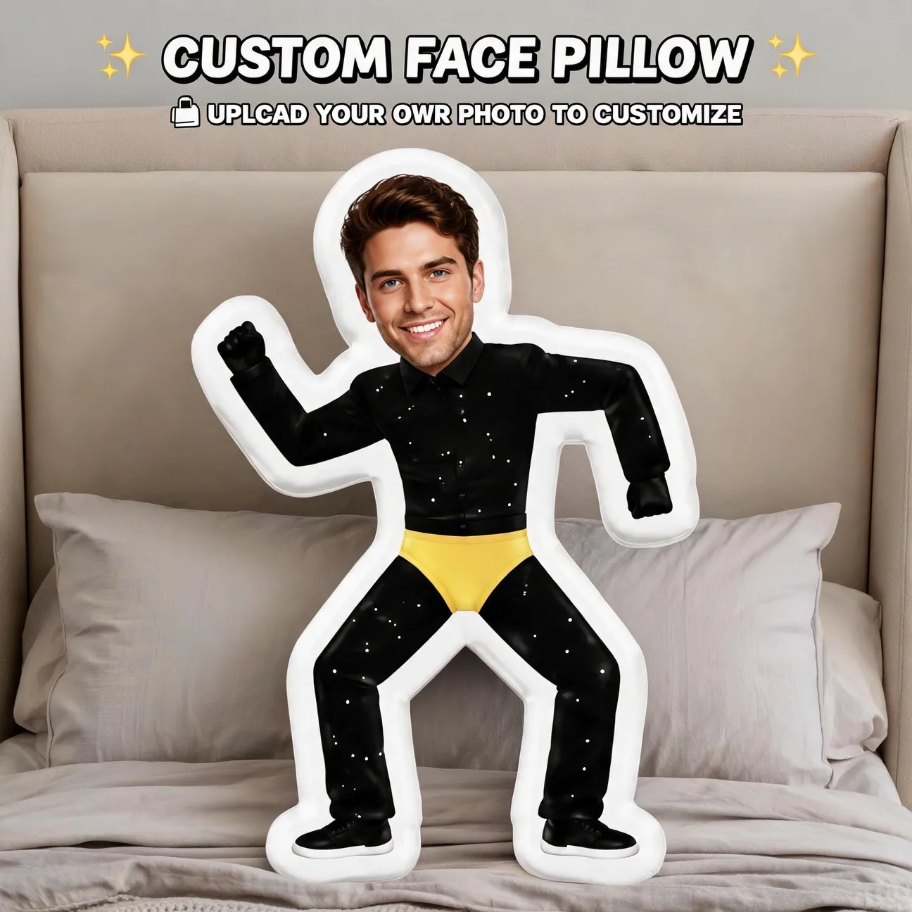 Customized personalized photo face shaped pillows, fun dance poses, black clothing, customized photo decoration cushions, unique