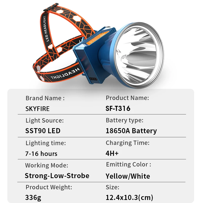 SKYFIRE Super Bright SST90 Headlamp Rechargeable Spotlight with Battery Powered Headlight for Outdoor Camping Fishing SF-316