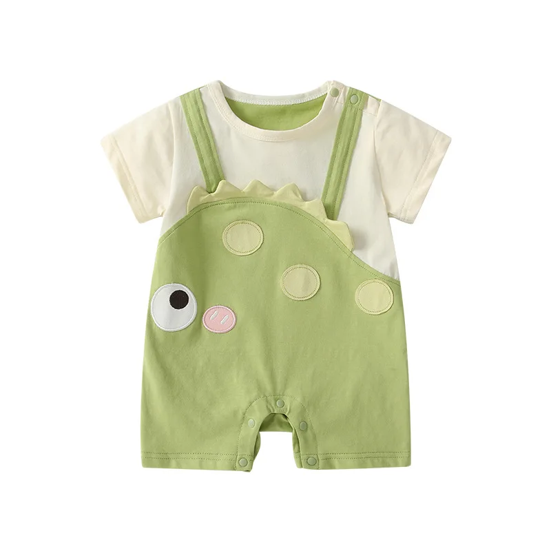 

MINISO Summer Baby Boy Green Dinosaur Strap Romper Short Sleeve Cotton Two In One Newborn Crawling Outfit 0-1 Years Bodysuits