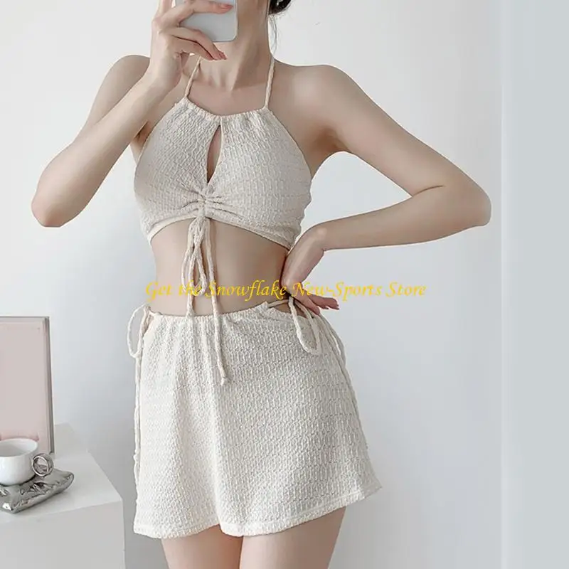 

E56D Women Bathing Suit Drawstring Tie Swimwear 3 Pcs Split Swimsuit with Beach Skirt Ladies Push Up Swimming Costume Set