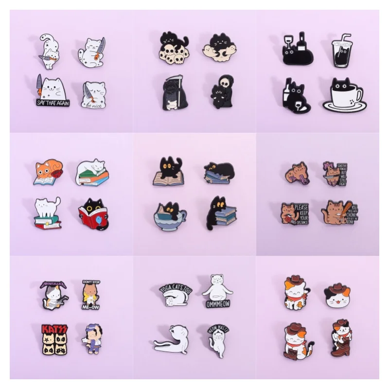 4Styles Cartoon Animal Collection Enamel Pins Cute Cat Metal  Backpack Women's Brooches Lapel Badge Fashion Jewelry Accessories