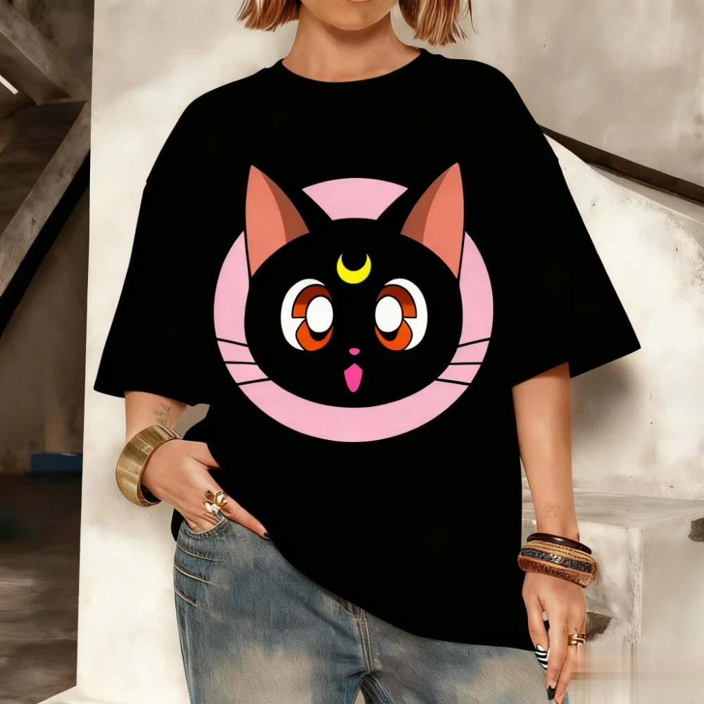 2026 Summer Sailor Moon Luna Black Cat Pink Circle T-Shirt, Cotton Loose Oversized Tee for Adults & Kids Y2K Streetwear