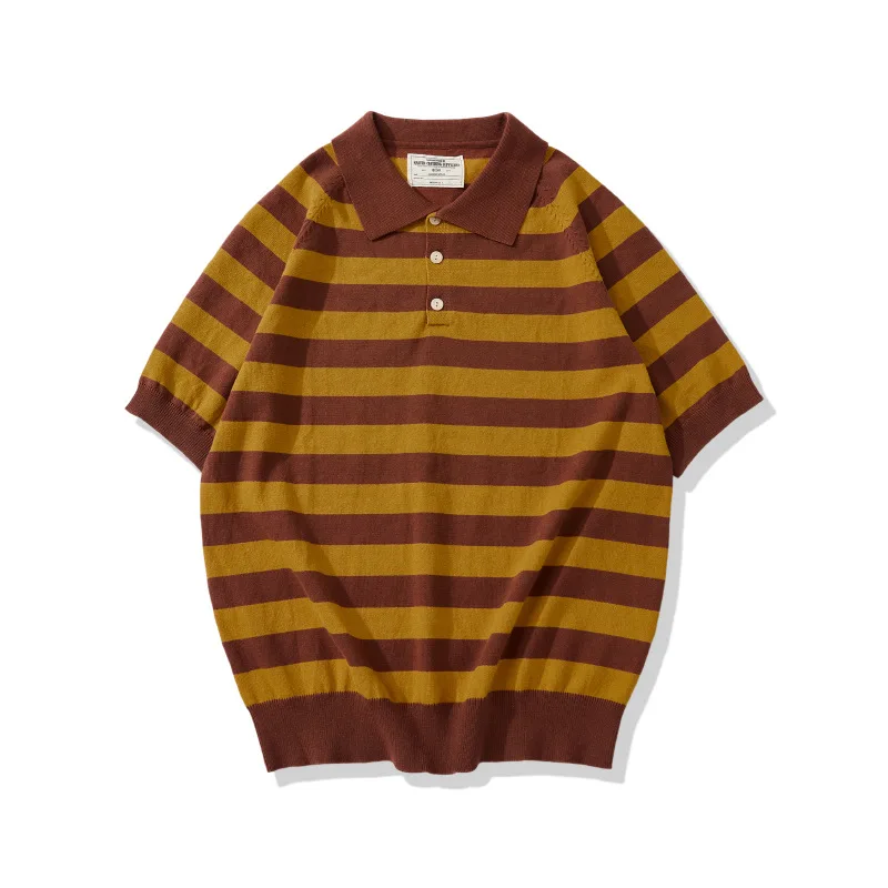 Summer Amikaji New Thick and Heavy Collar Knitted Striped T-shirt Retro Wide Striped Polo