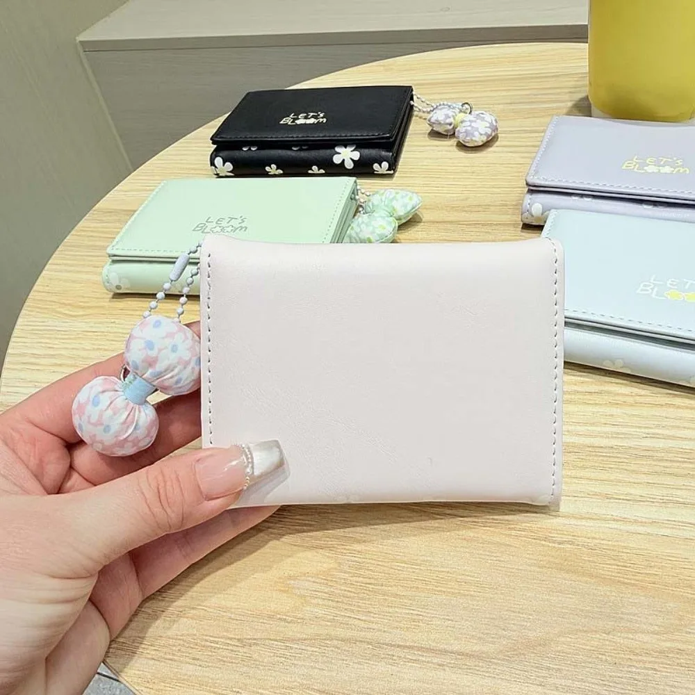 

Versatile Portable Candy Color Wallet Pouch with Bow Pendant Short Leather Purse Multiple Card PVC Three Fold Card Bag Daily