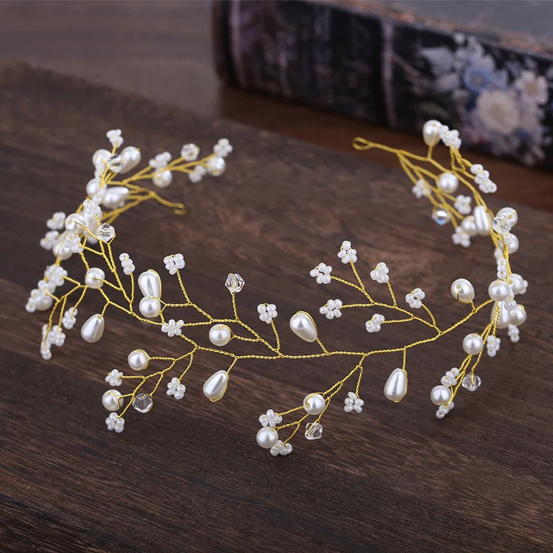 Wedding Vines Headbands Flower Pearls Hairbands for Women Girls Bride Hair Jewelry Accessories Gold/Silver Color Metal Headpiece