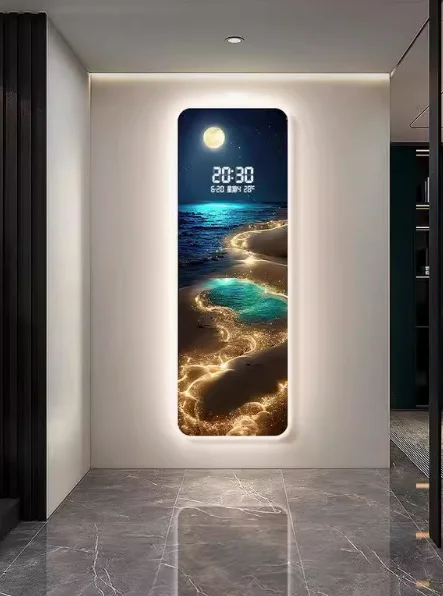 Wave painting, living room clock, moon digital display, intelligent electronic clock, entrance decoration, painted lights 5