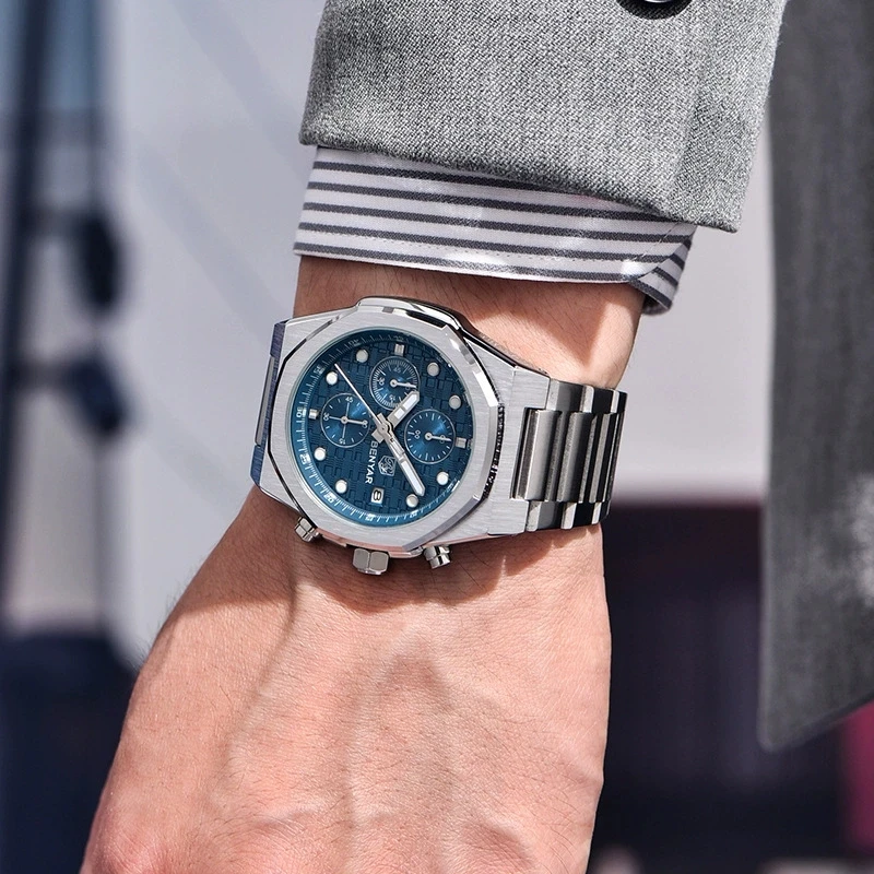 BENYAR 5216 модные кварцевые часы для мужчин, многофункциональные водонепроницаемые стальные ремешки с календарем, светящиеся элегантные деловые мужские часы