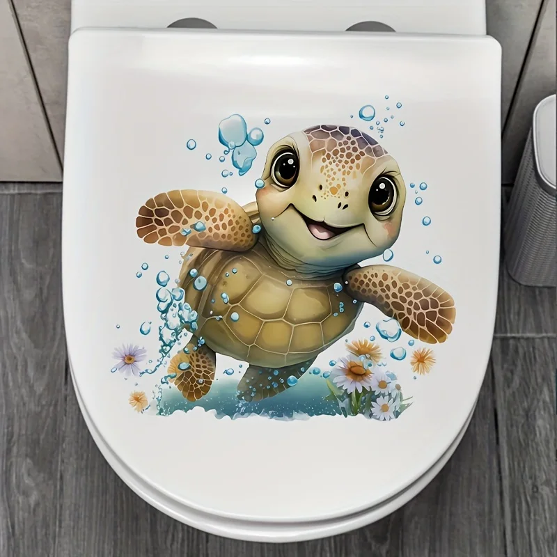 Cute Turtle Bathroom Decor - Self-Adhesive Toilet Lid Sticker, Fun Marine-Themed Wall & Door Decor Decals M1123