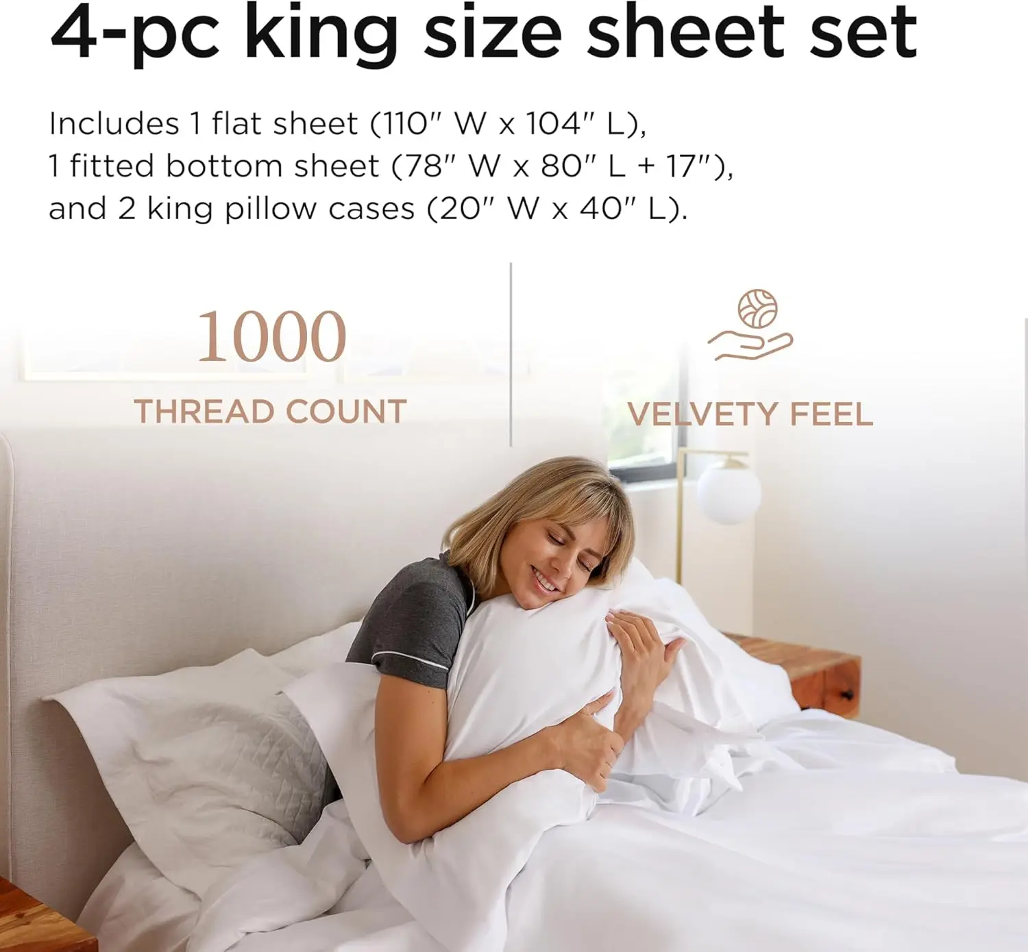 100% American Cotton Sheets King Size - 1000 Thread Count, 4Pc King Size Sheets Set, Smooth Sateen King Sheets, Ultra Luxury