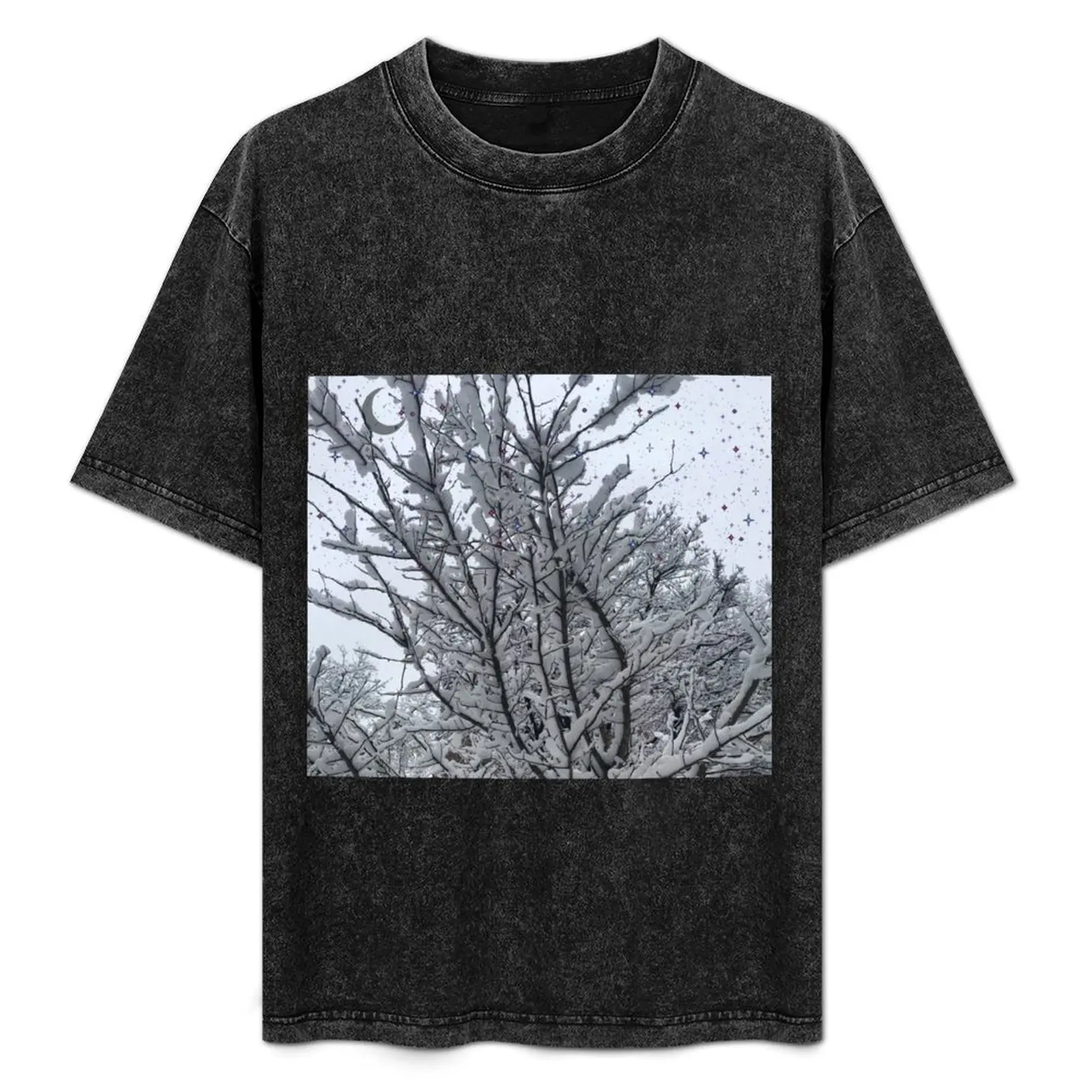 

Snow*Tree*Stars*Moon T-Shirt Minimalist Plain Crew Neck T-Shirt