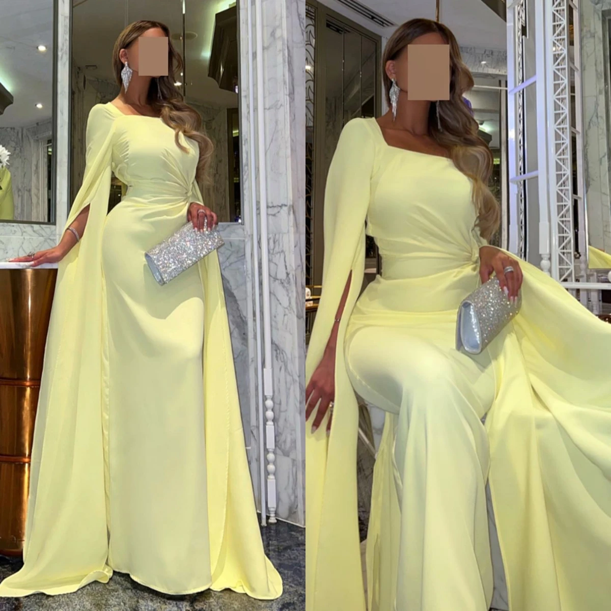 فستان سهرة شيفون أصفر فاخر مخصص فساتين المشاهير بأكمام طويلة سويب تراين فساتين مناسبة مخصصة