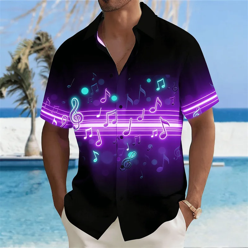Chemise à manches courtes pour homme avec imprimé symbole musical néon, idéale pour les concerts de groupe et les vacances